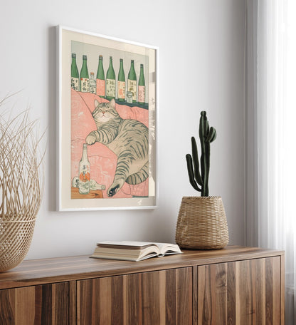 Japanese-style framed print of a cat lounging after drinks