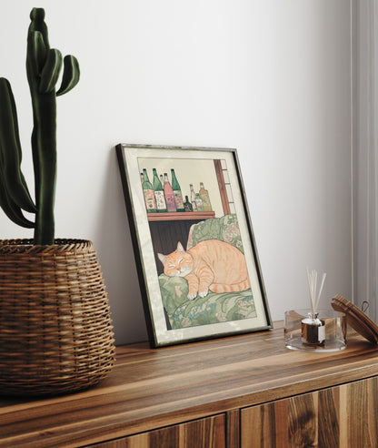 Framed print of a serene tabby cat resting in a traditional Japanese interior setting