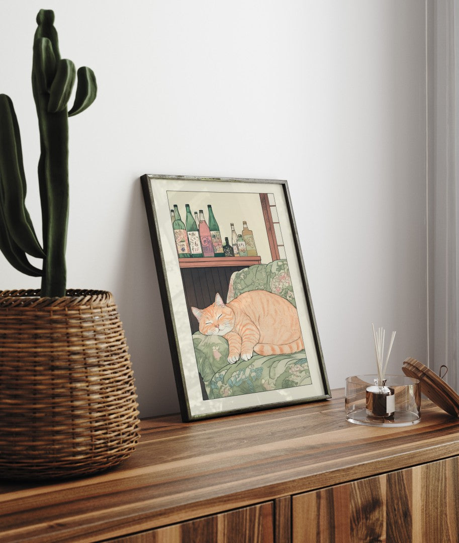 Framed print of a serene tabby cat resting in a traditional Japanese interior setting