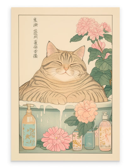 Japanese bathroom with a tabby cat