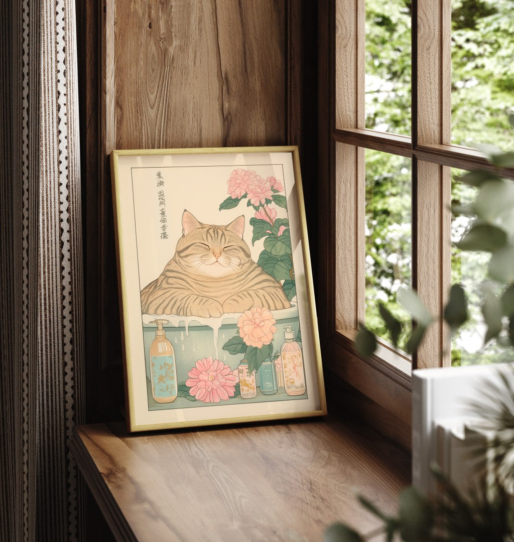 Japanese tabby cat in bath art print