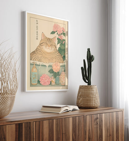 Japanese tabby cat in a bathtub - art print