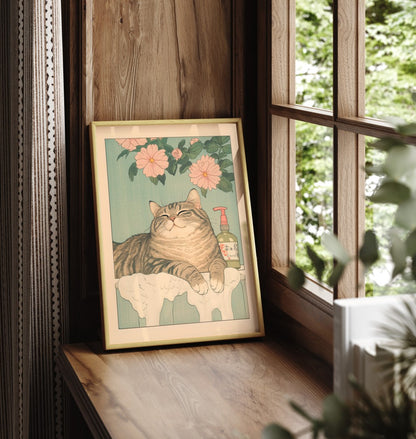 Japanese-style framed print of a smiling cat and soap bottle