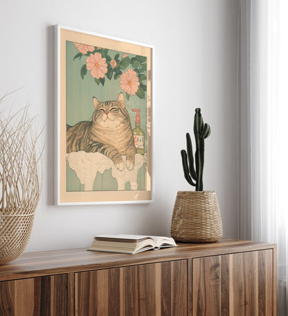Tabby cat in bathroom framed artwork with bubbles and flowers
