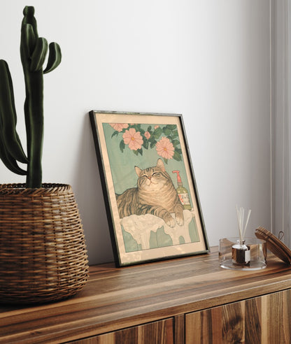 Relaxed tabby cat enjoying bath time in decorative framed print