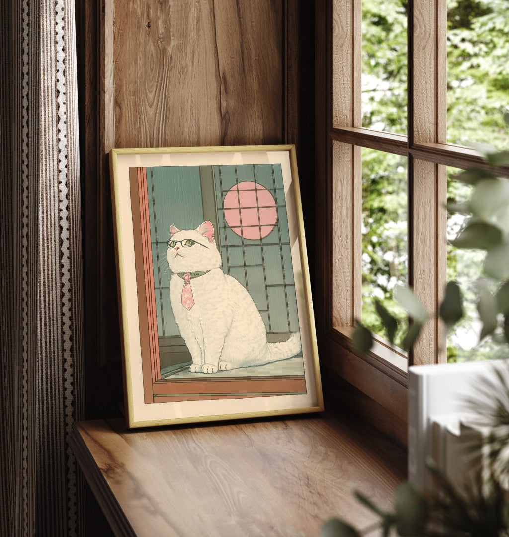 Japanese-style framed cat print with tie and pink moon