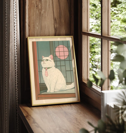 Japanese-style framed cat print with tie and pink moon