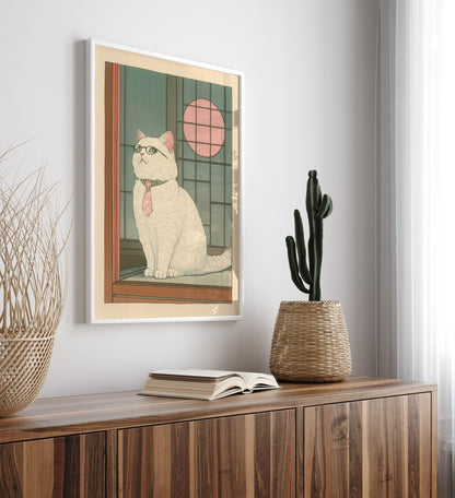 White cat with glasses sitting at window – framed wall art