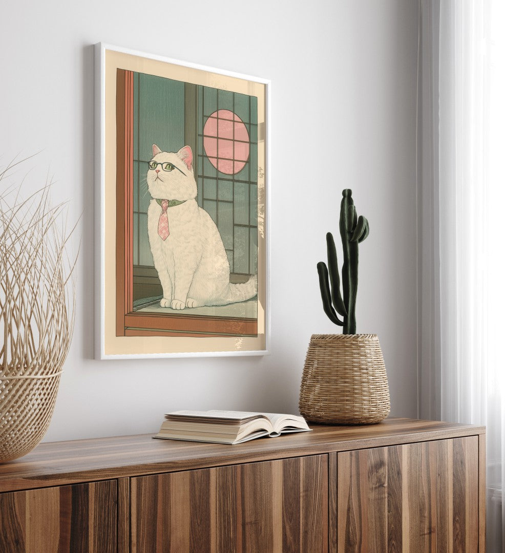 White cat with glasses sitting at window – framed wall art