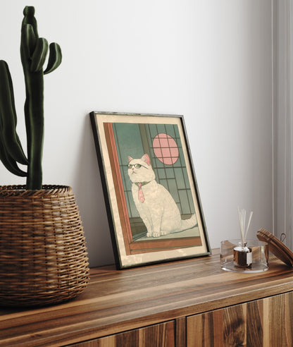 Framed illustration of cat in tie and glasses under full moon