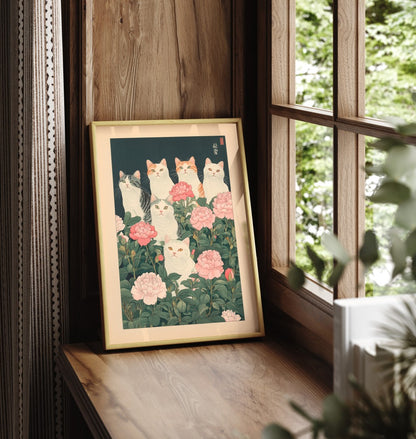 Japanese-style framed wall art featuring cats in a flower garden