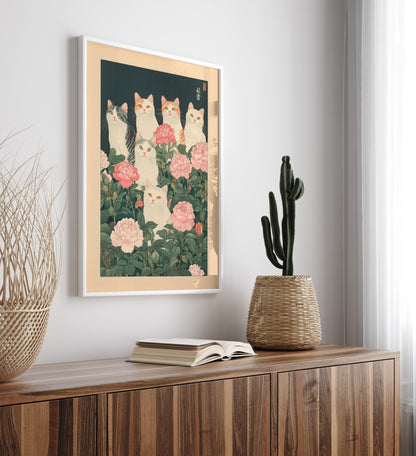 Whimsical cat group print with floral background – framed décor