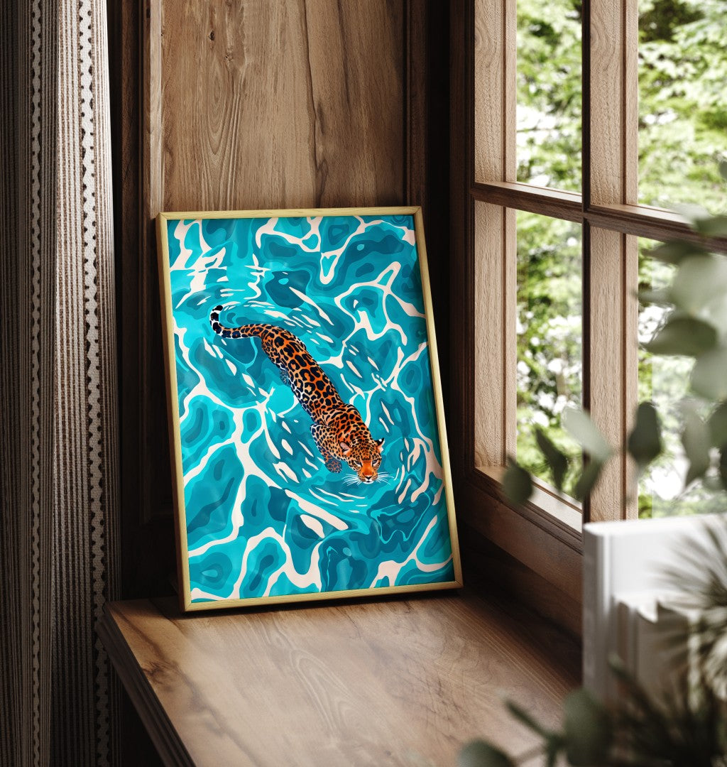 Framed art print showing jaguar swimming with rippling water patterns