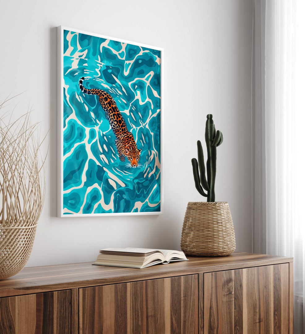 Wildlife framed art print featuring jaguar in blue water modern style