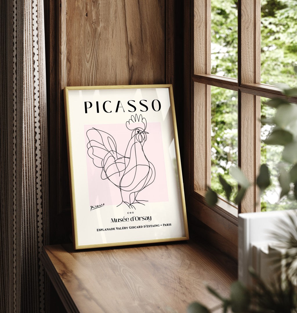 Framed Picasso rooster line drawing wall art for modern interiors