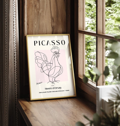 Framed Picasso rooster line drawing wall art for modern interiors