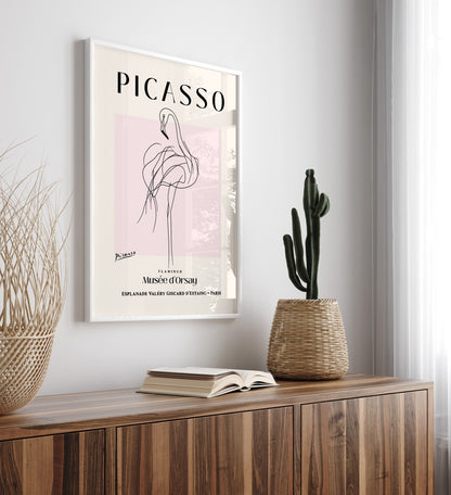 Minimalist flamingo line art poster in Picasso style, framed