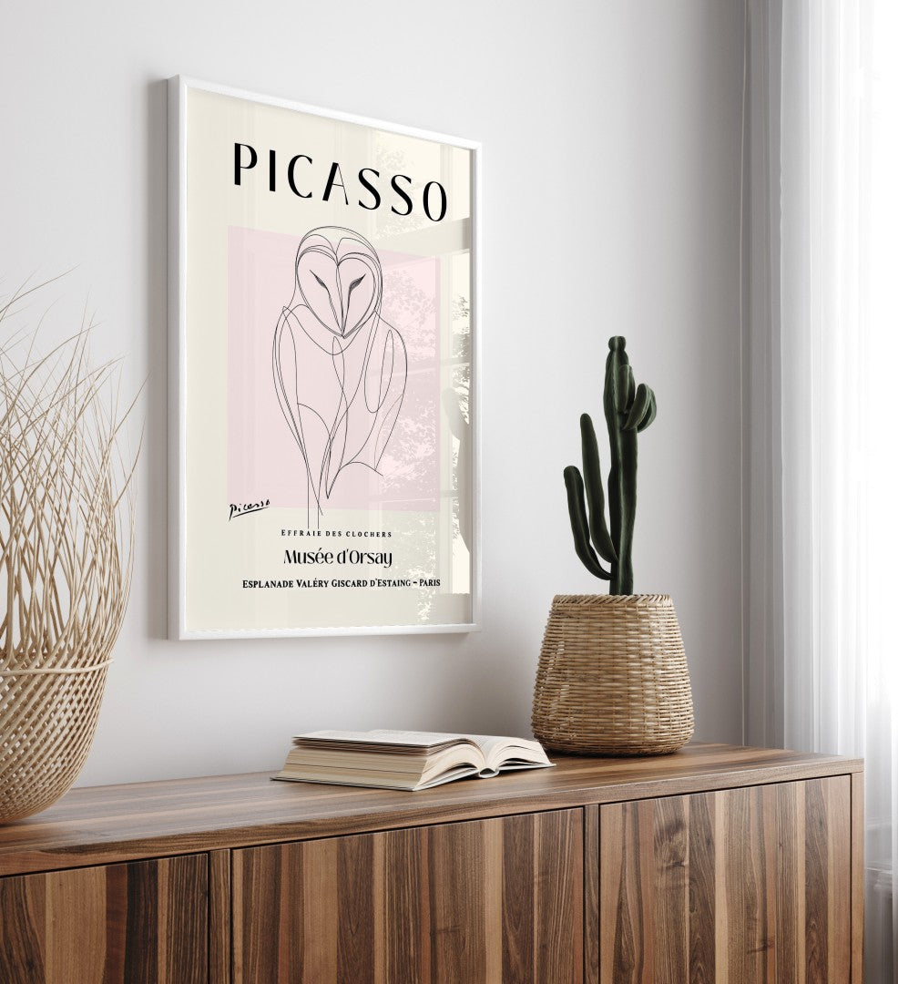 Minimalist owl line art poster in Picasso style, framed