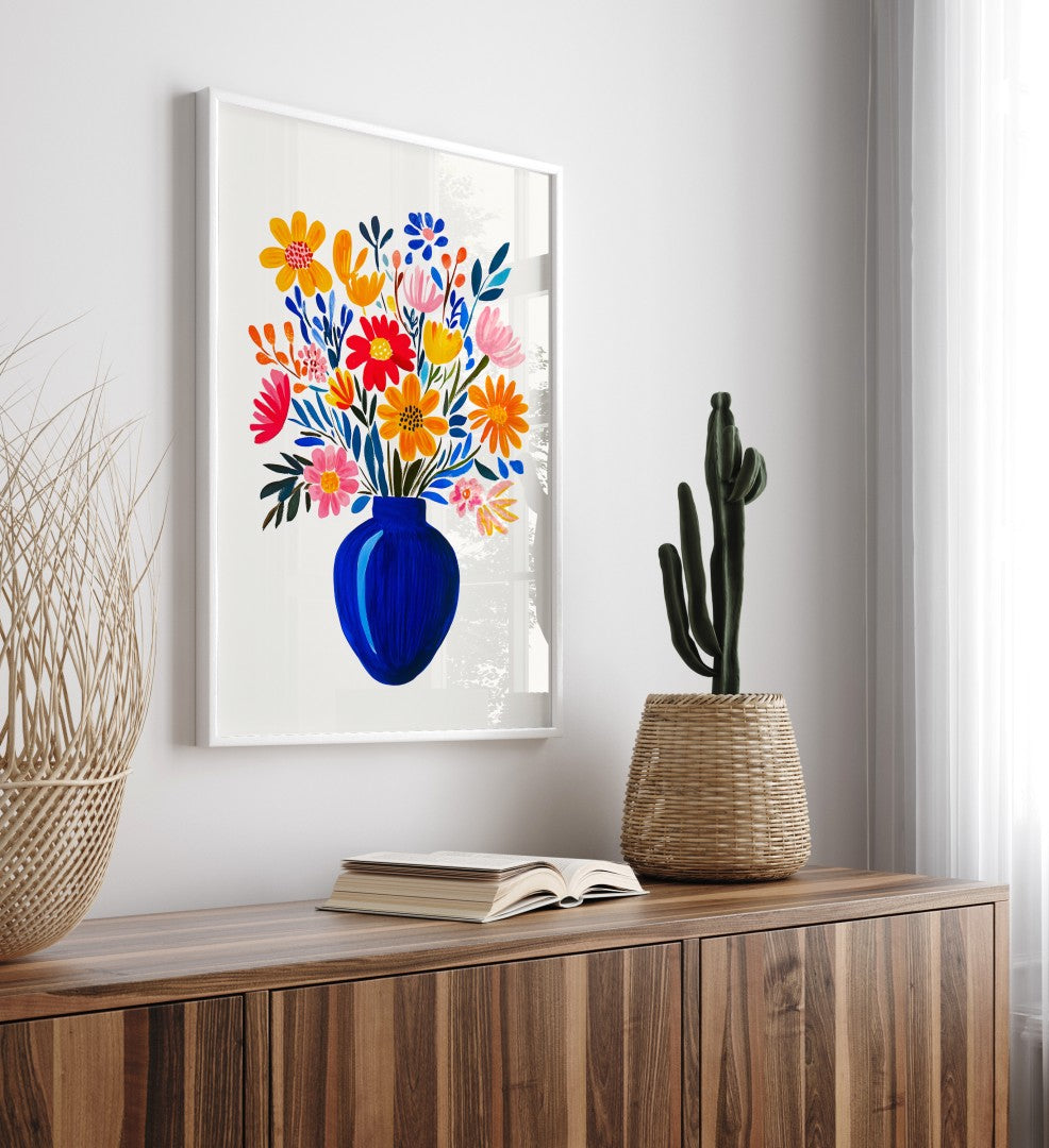 Modern botanical framed art print with colorful flower arrangement