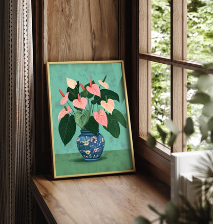 Framed floral vase art print featuring pink anthuriums and green leaves
