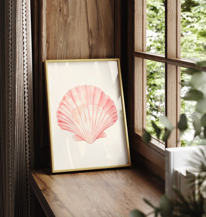 Framed art print showing pink seashell in soft watercolor tones