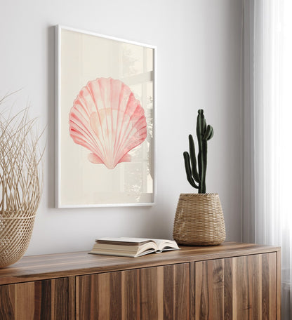Minimalist framed art print featuring delicate pink seashell coastal style