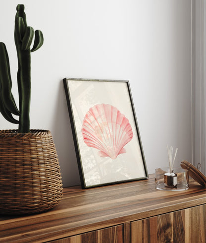Framed coastal art print of pink seashell illustration in watercolor design