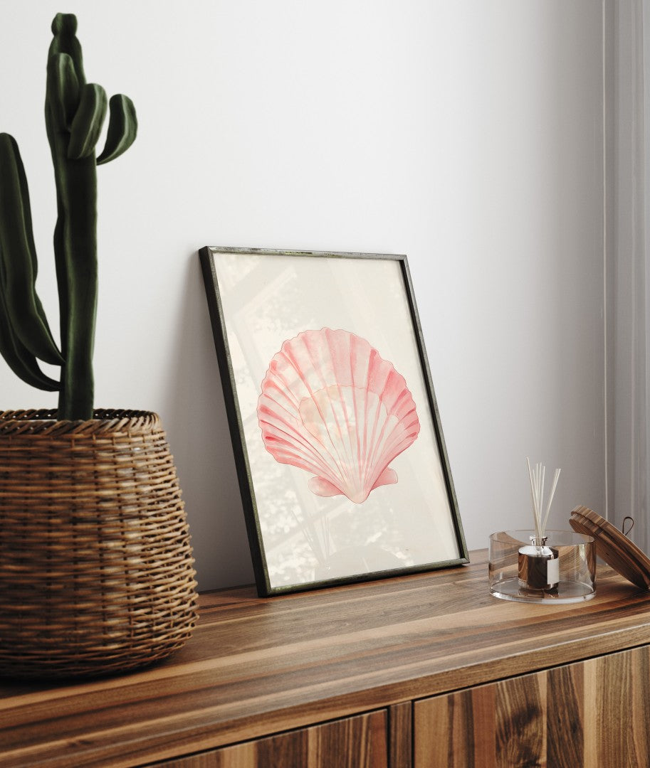 Framed coastal art print of pink seashell illustration in watercolor design