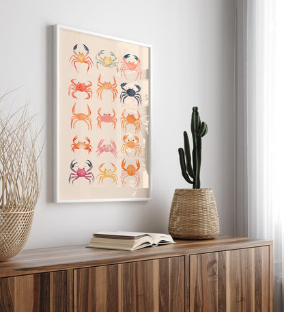 Coastal framed art print featuring multiple crabs in watercolor style