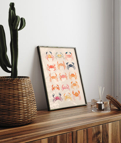 Framed marine art print of colorful watercolor crabs arranged in grid design