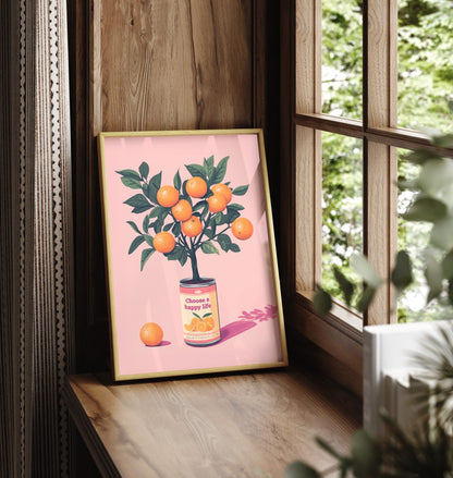 Framed orange tree pop art print with citrus fruit and bold design