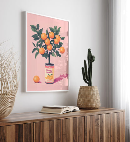 Modern citrus themed framed art print of orange tree with pink background
