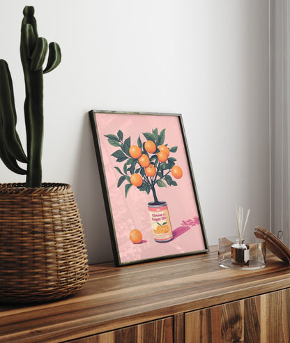Pop art inspired orange tree framed art print with cheerful citrus style