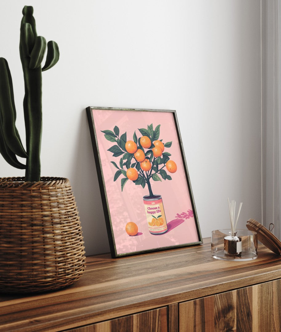 Pop art inspired orange tree framed art print with cheerful citrus style
