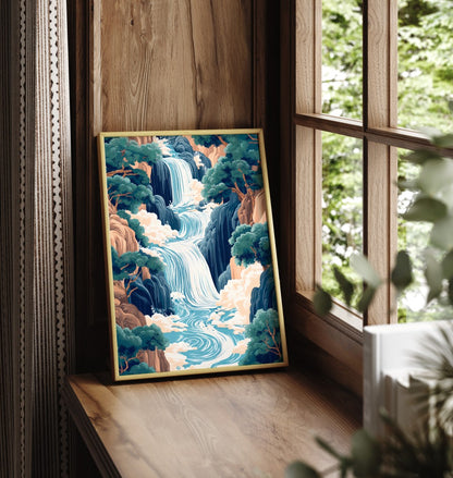 Framed waterfall art print with flowing water and forest landscape