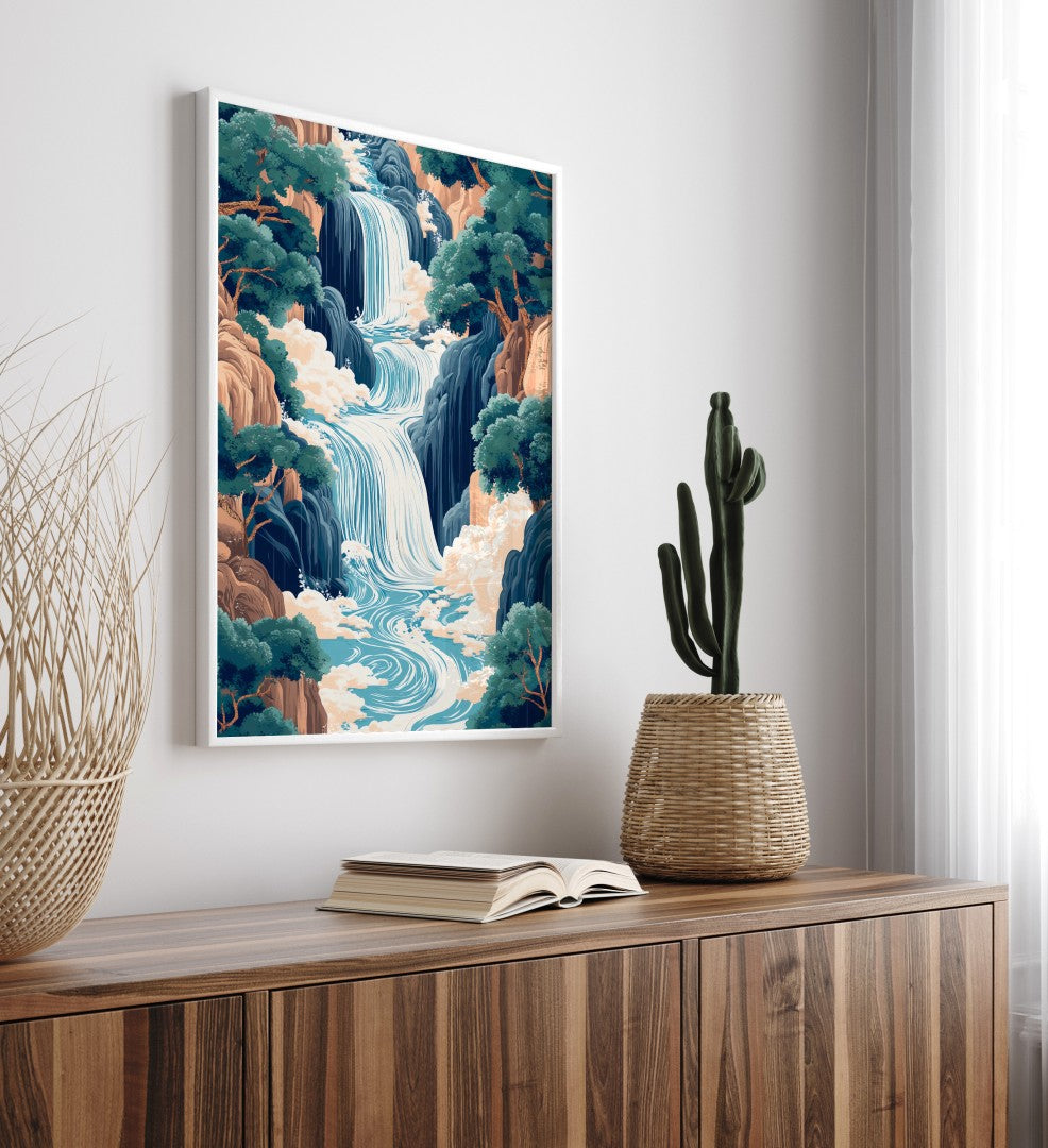 Modern landscape framed art print featuring waterfall and green trees