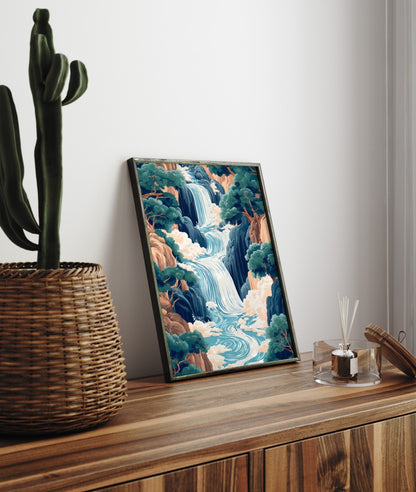 Nature inspired waterfall framed art print with cliffs and flowing river