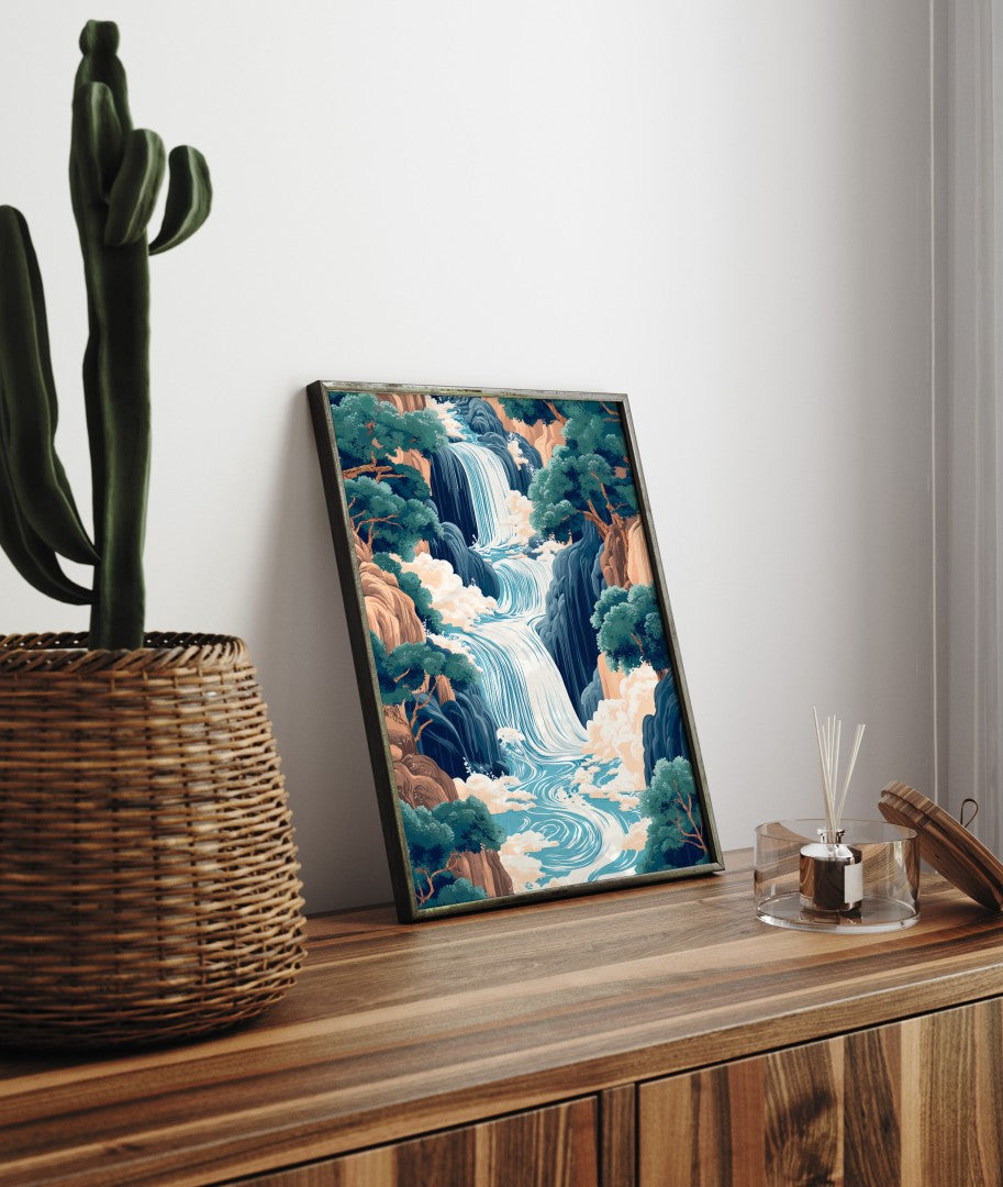 Nature inspired waterfall framed art print with cliffs and flowing river