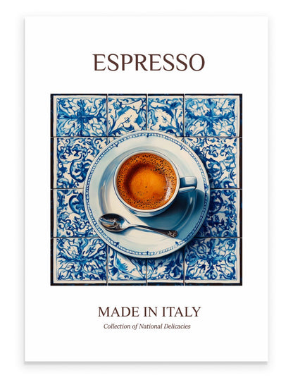 Espresso cup art print on blue patterned tiles in Italian style