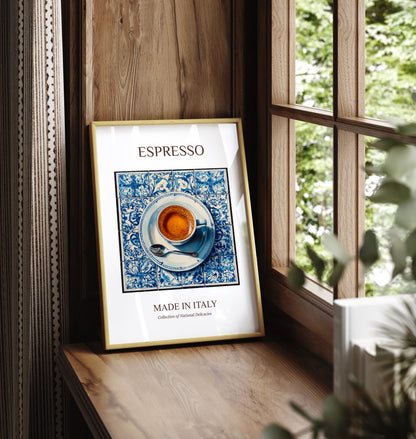 Framed espresso art print with coffee cup and saucer on blue tiles