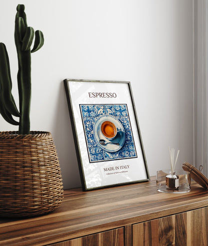 Refined espresso cup on tiles framed art print inspired by Italian café culture