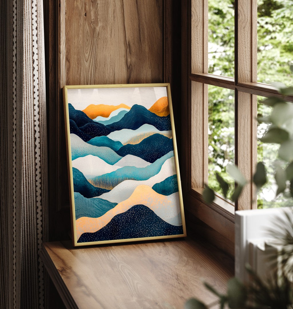 Framed abstract mountain landscape art print in blue and gold