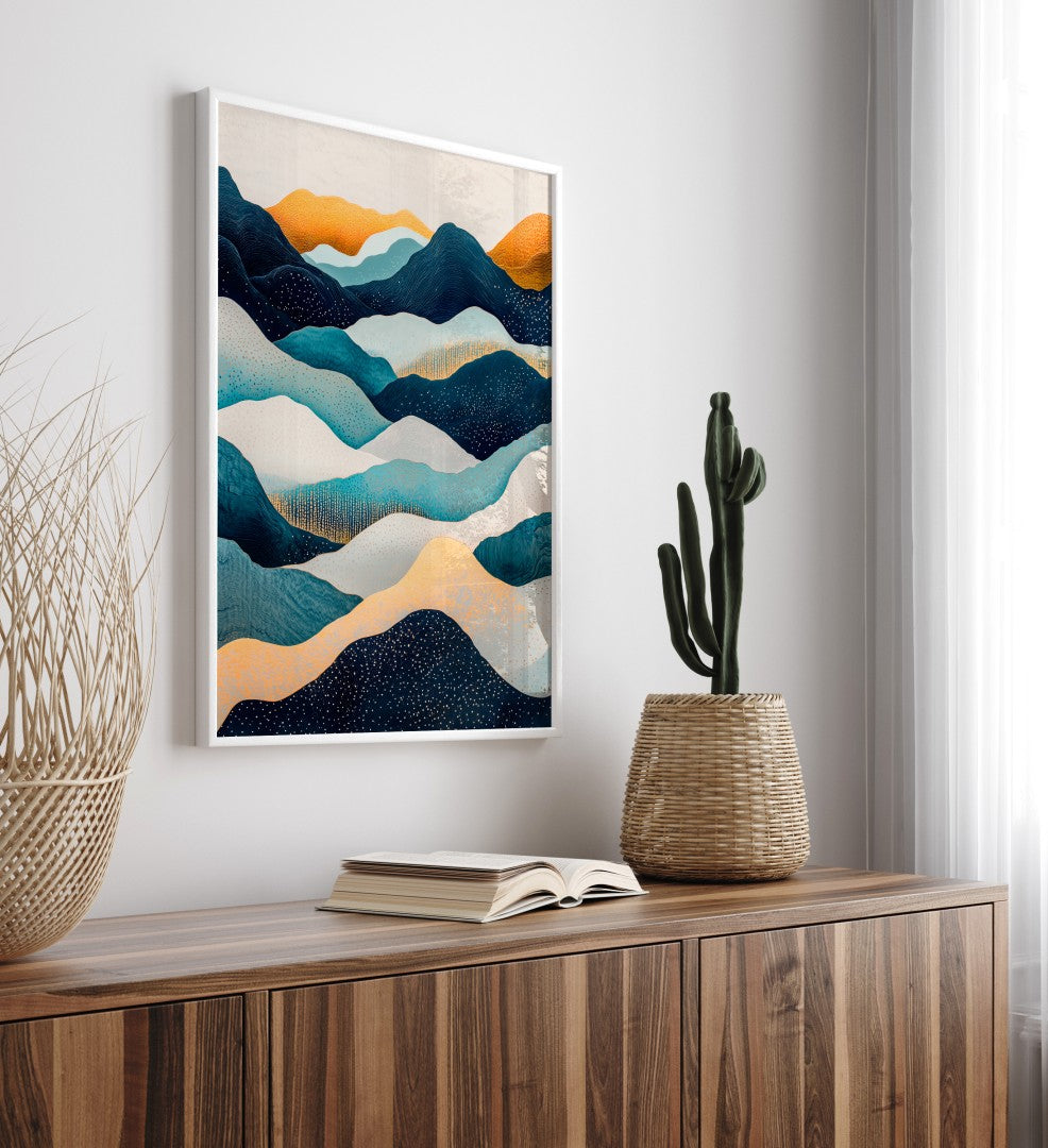 Modern abstract framed art print with textured mountains in bold tones