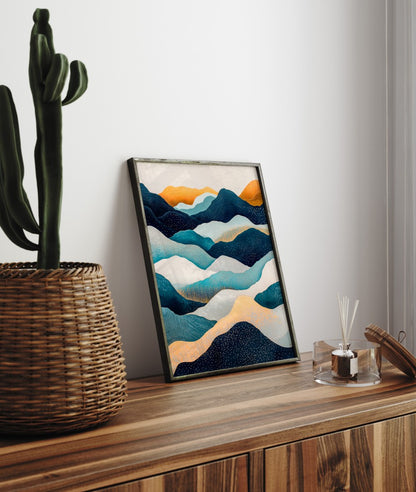 Contemporary gold and blue mountain landscape framed art print