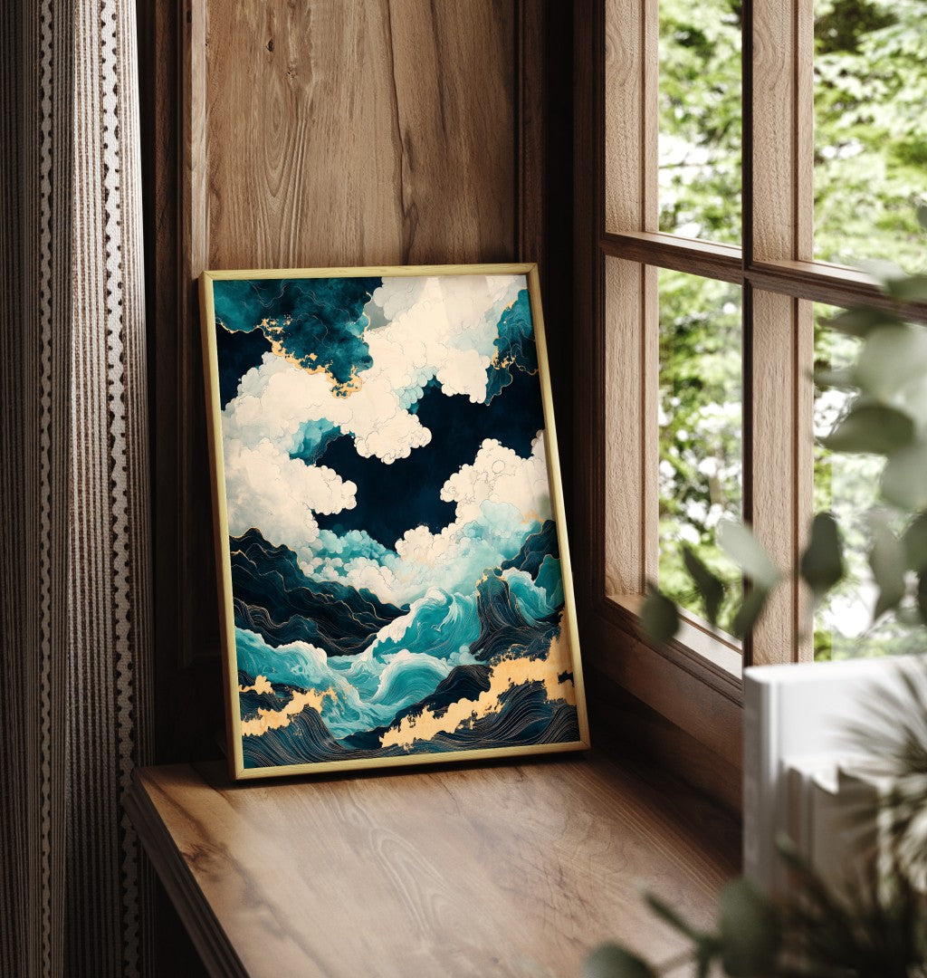 Framed abstract wave art print with gold accents and stormy seascape