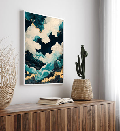 Modern abstract framed art print featuring ocean waves and clouds