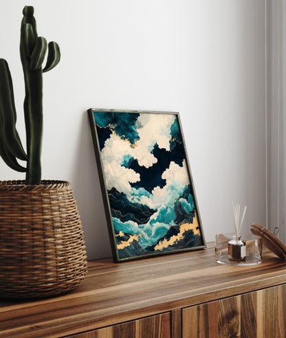 Contemporary teal and gold seascape framed art print with dramatic waves