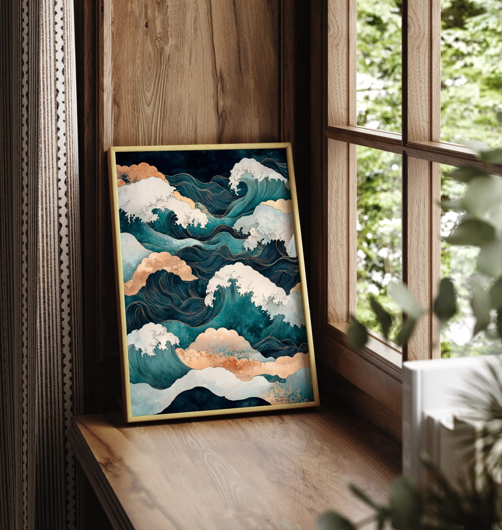 Framed abstract wave art print with teal sea and golden clouds