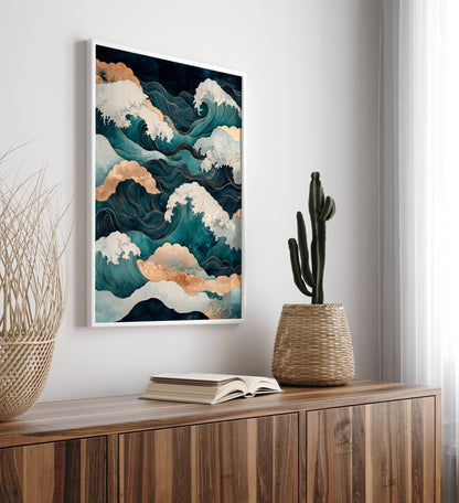 Modern abstract seascape framed art print with crashing waves