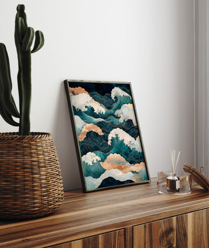 Contemporary teal and gold ocean wave framed art print